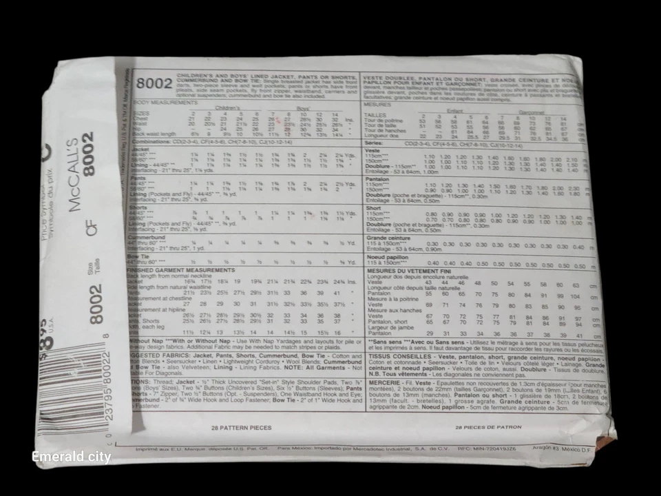 Vtg McCall's 8002 Boys Suit Wedding Jacket Vest Pants Shorts Sizes 4-5-6 Uncut - Image 4 of 4