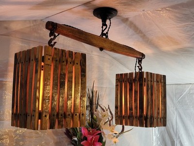 RUSTIC BARREL STAVE CHANDELIER WITH SINGLE TREE AND TWO LANTERNS