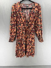 Wild Fable Mini Faux Wrap Dress Womens M Orange Black Ditsy Print Whimsigoth