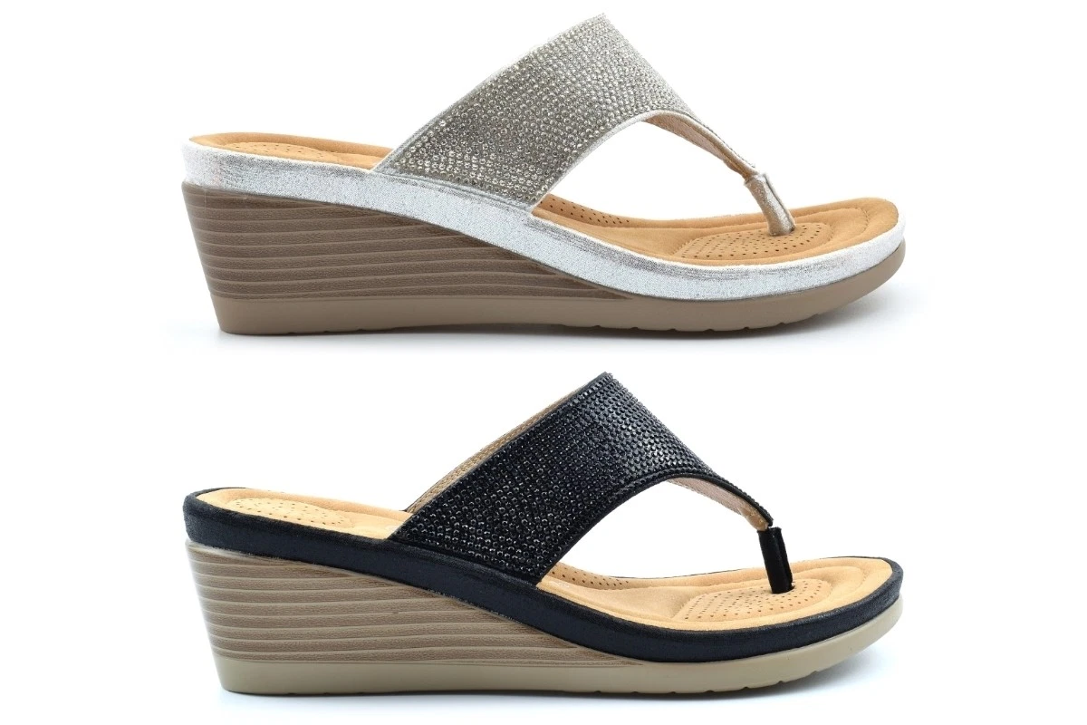 Womens Glitter Sandals Ladies Wedge Heel Sandals Diamante Toe Post Sandals Black
Opens in a new wind