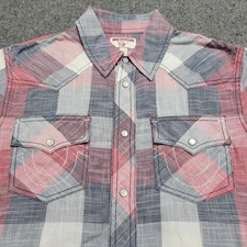 True Religion Shirt Mens Small Red Blue Plaid Short Sleeve Western Pearl Snap 