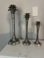 Three Vintage Silver Costal Regency Palm Tree Candle Holders By John Richard
