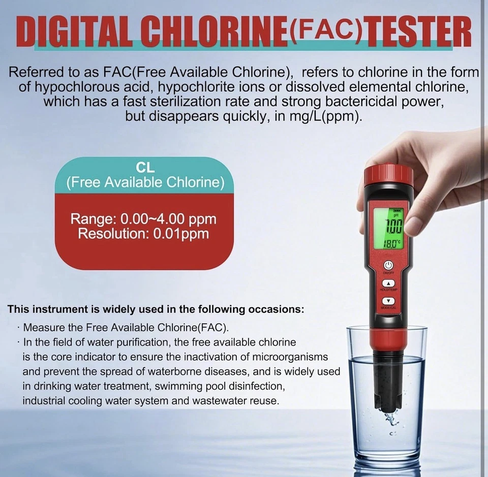 pH Chlor Messgerät 7-in-1, pH Chlor Salzgehalt ORP TDS EC Temperatur Meter, - Bild 4 von 4