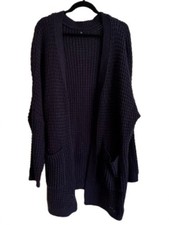 Navy Open-Front Waffle Knit Cardigan Sweater - Women