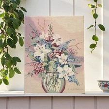 VTG Needlepoint Flower Vase Lilies Mauve Purple Blue 1987 Dimensions Retro 80's