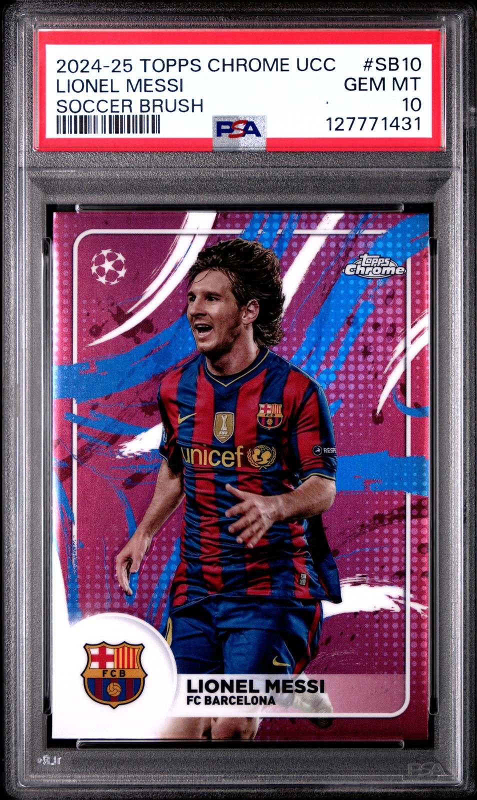 2024-25 TOPPS CHROME UEFA CLUB COMPETITIONS SOCCER BRUSH LIONEL MESSI PSA 10