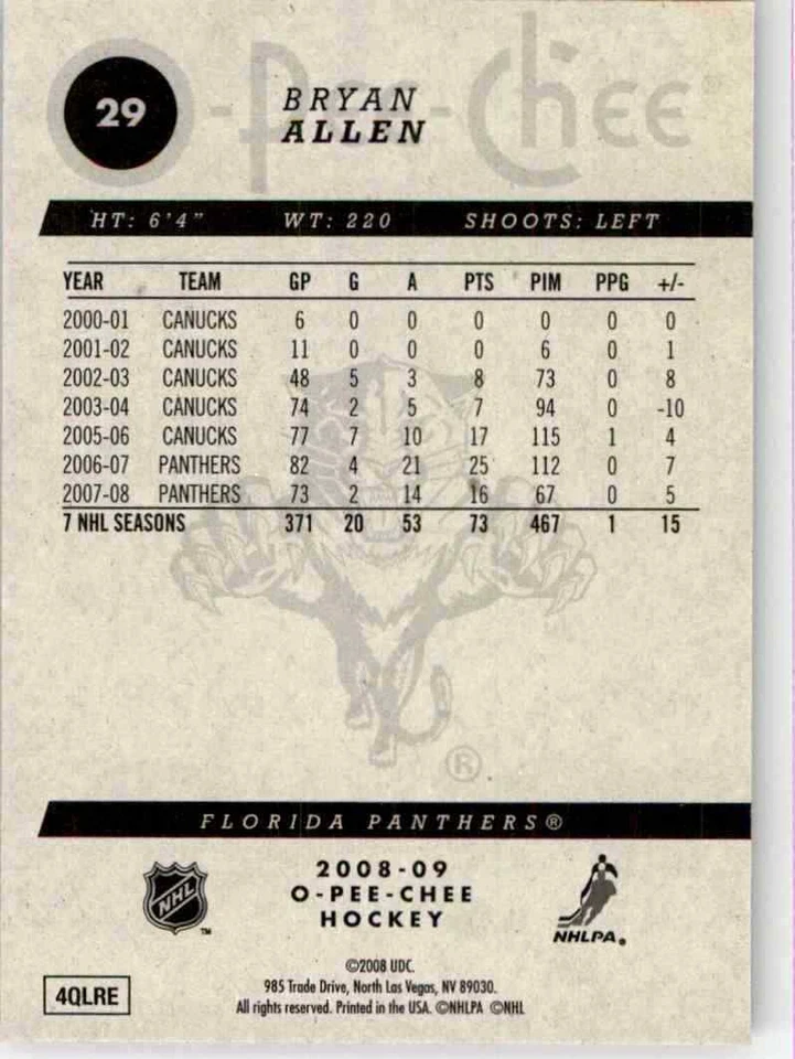 2008-09 O-Pee-Chee Bryan Allen #29 - Image 2 of 2
