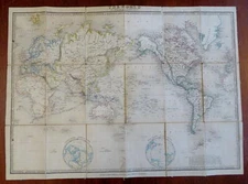 World Map linen backed in case c. 1850 Wyld shows nautical tracks