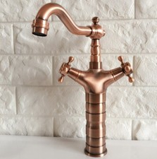 Antique Red Copper Bathroom Vanity Sink Faucet Dual Cross Handles Mixer Tap