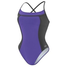SPEEDO Color Block Thin Strap Fitness Endurance Swim Suit Violet Womens 3/4 7/8