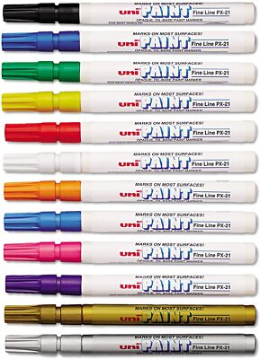 Uni-Paint 63721 PX-21 Oil-Based Permanent Marker, Fine Bullet Tip, 12 Color Set
