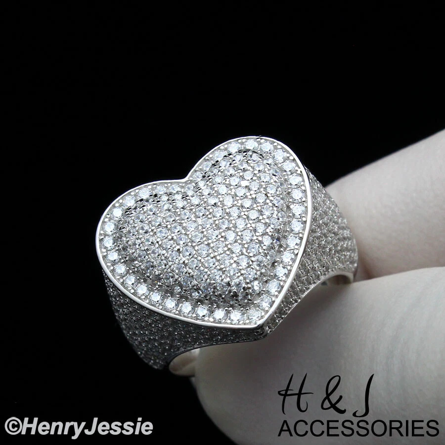 MEN WOMEN 925 STERLING SILVER BLING CZ SILVER HEART SHAPE RING