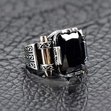 925 Sterling Silver Turkish Jewelry Black Onyx Stone Men's Ring All Size #995