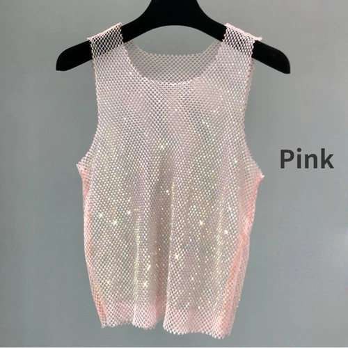 Damen Kristall Mesh Camisole Tank Top Glitzer glänzend ausgehöhlt Weste Weste - Bild 16 von 25