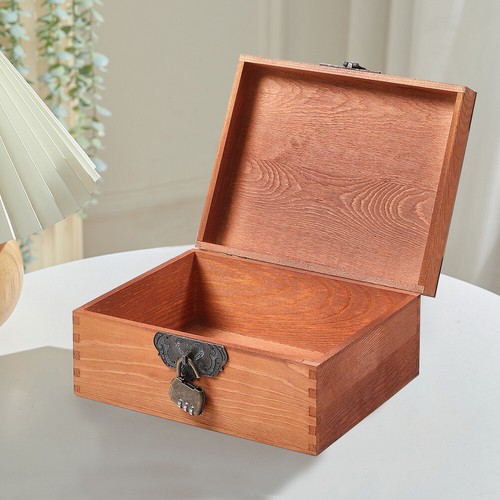 Large Wooden Boxes Plain Wood Storage Box Chest Lid Handle Keepsake Box W/ Lock - Picture 11 of 11