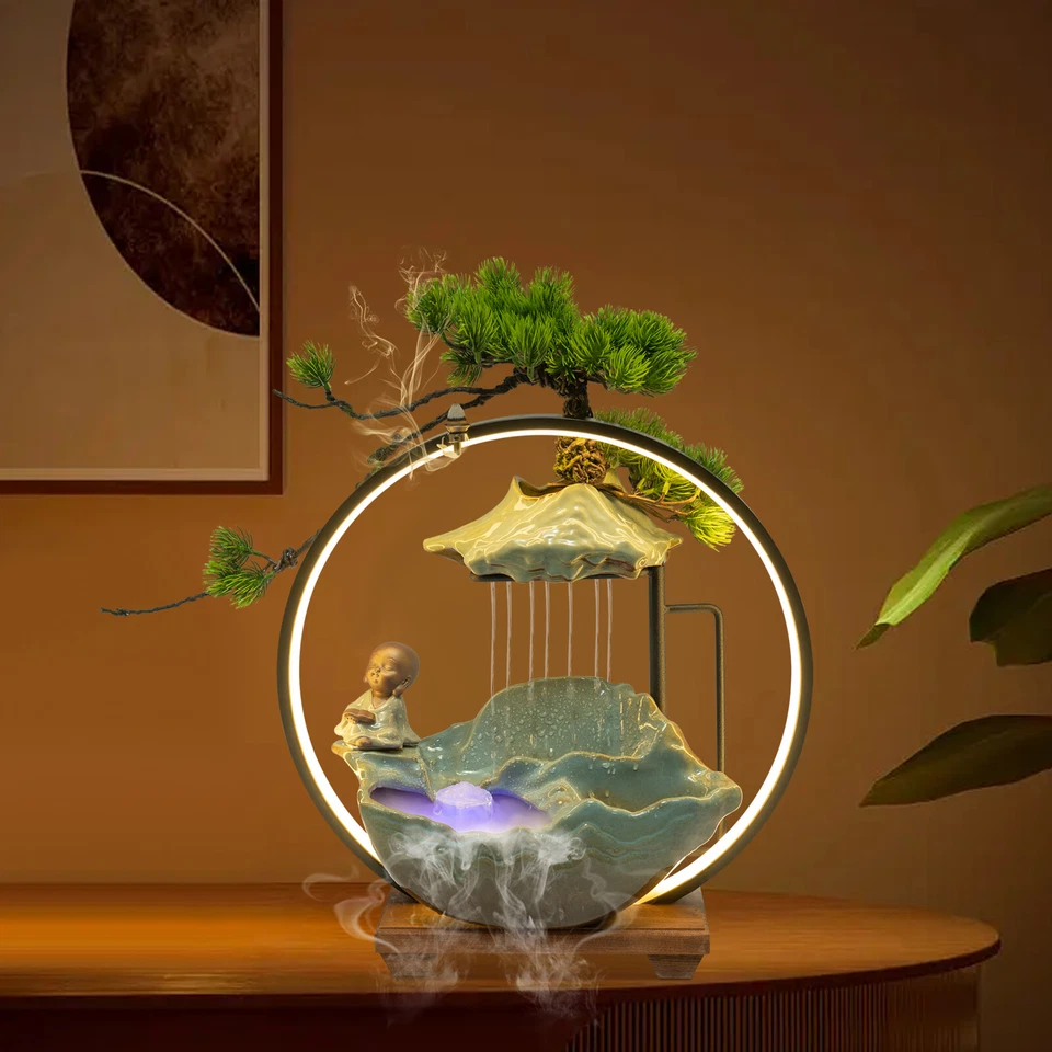 Fuente de agua de mesa cascada interior con niebla LED fuente de escritorio Feng Shui Foto 2 de 4