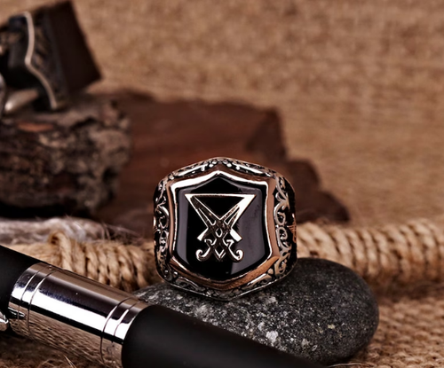 Unique Mens Sigil Of Lucifer Ring For Men Black Onyx Gemstone Jewelry Satanist - Picture 4 of 7