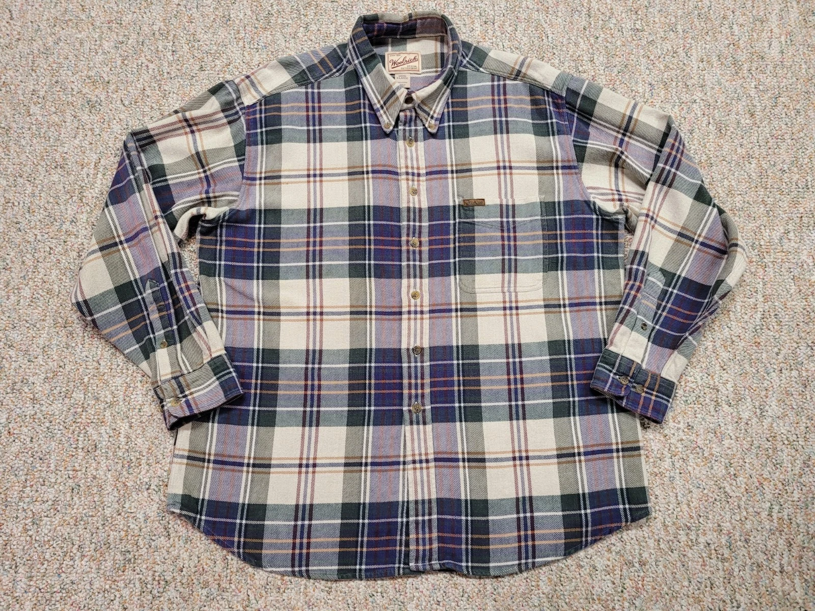 Woolrich Shirt Mens XL Blue Plaid Flannel Button Down Hiking Outdoors Cotton