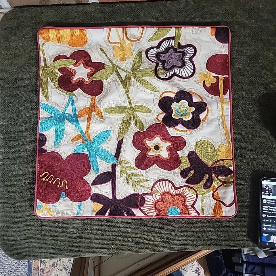 Pier 1 Pillow Cover Floral Embroidered Applique Textured Square 18"x18"  - Image 3 of 4