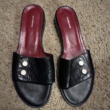 Women's Burberry Black Leather Slide Sandal Size 39 1/2 Spain 2 Button Logo Red