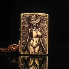 Brushed Brass Zippo Lighter with 3D Girl Emblem – Premium Gift for Men