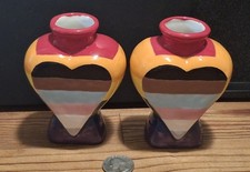 Hand Painted LGBT Pride Heart Vases Set Signed Artist Rainbow Ceramic 4”