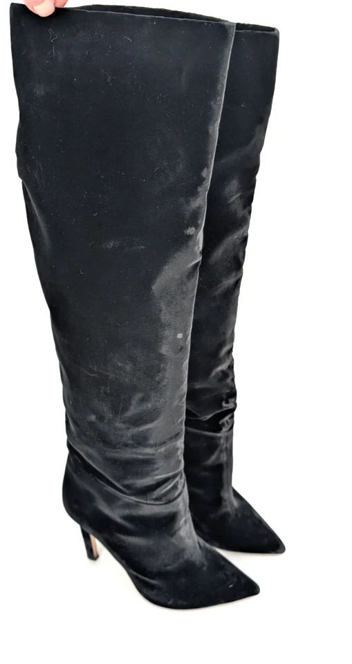 Tamara Mellon Black Velvet Over Knee Stiletto Tall Scrunch Boots Glam Luxury 38 - Image 3 of 4