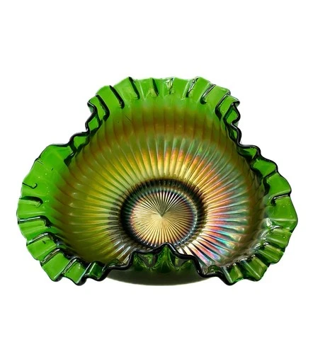 Vintage Fenton Emerald Green Iridescent Carnival Glass Pinched Ruffled Edge Bowl