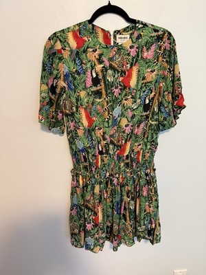 Kenzo Kids Jungle Print Dress 14A Green Parrot Leopard Viscose Smocked Waist