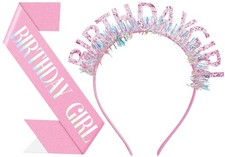 Papoopy Birthday Headband with Sash for Women, Crwon One Size, Pink