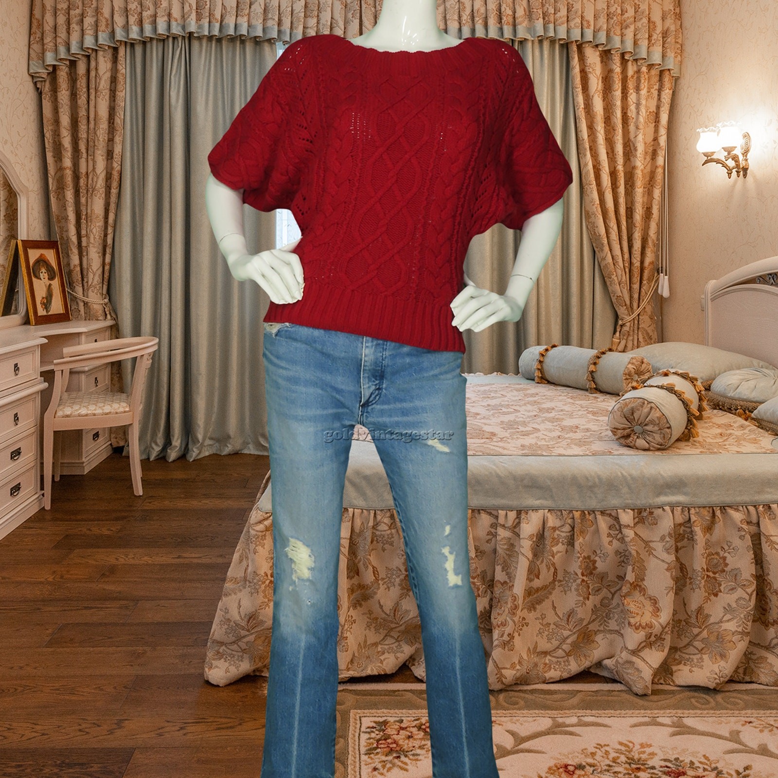 Express Ruby Red Cable Knit Cozy Short Sleeve Top… - image 5
