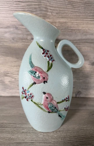 Vtg Hull Pottery Pitcher Blue "Serenade Songbirds" Vase Birds S8 1957 USA 8.5"
