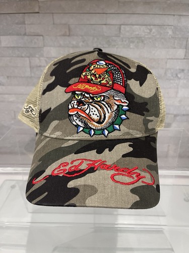 Ed Hardy Baseballmütze Camouflage Camo bestickt Bulldogge Hund Y2K Truckermütze