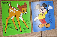 Vintage 2 Playskool 1970 s Bambi Mickey Wooden Puzzles Walt Disney Made in USA