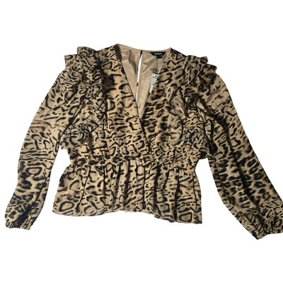 Express Leopard Print Ruffle Blouse Crop V-Neck Animal Chiffon Women's Large