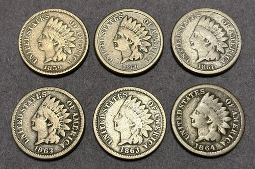 1859 - 1864 Indian Head Penny Cent Nice Copper Nickel 6 Coin Lot G-VG+