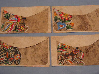 INDIAN. 4 AMATE COLORFUL HANDPAINTED FOLK ART CARDS WITH ENVELOPES FROM MEXICO