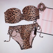 Victoria Secret Swim Bikini 32C Top XS Bottom Leopard Animal Print Bandeau New