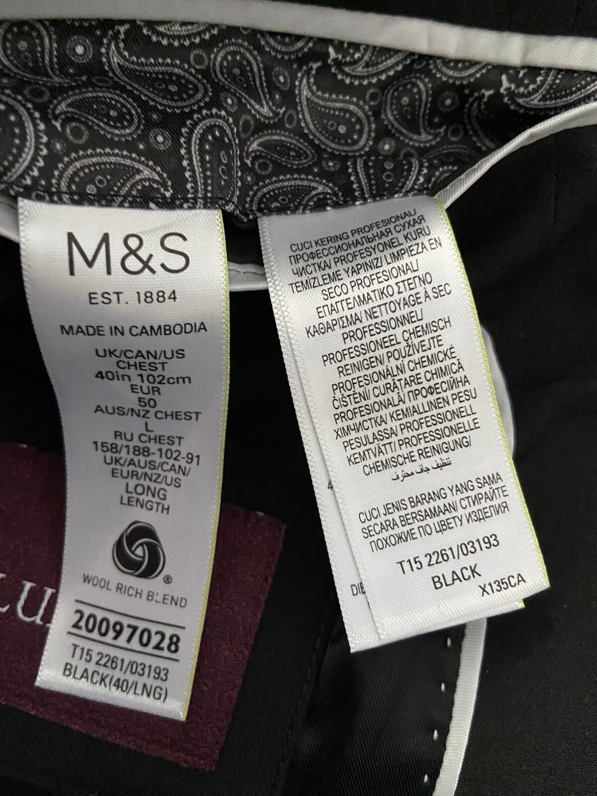 M&S Wool Rich Tailored Jacket, Black Chest 40" Long, RRP £75 image 9
