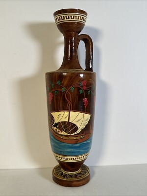 Vintage 13  Wood Glazed Pottery Vase Single Handle Boat Scene Made In Greece