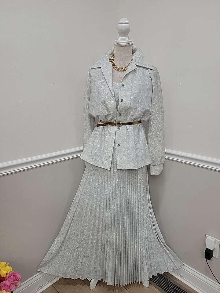 Traje Falda Acordeón Lurex Brillante Plateado Montgomery Ward Años 70 De Colección 3 piezas  Foto 2 de 4