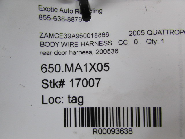 Maserati Quattroporte, Rear Door Wiring Harness, Used, P/N 200536