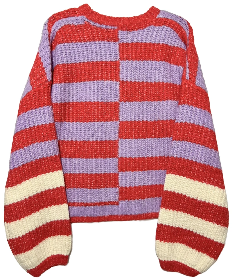 Blank NYC Good Mood Sweater Red Purple White Striped Cropped Oversized Wool NWT - Image 3 of 4