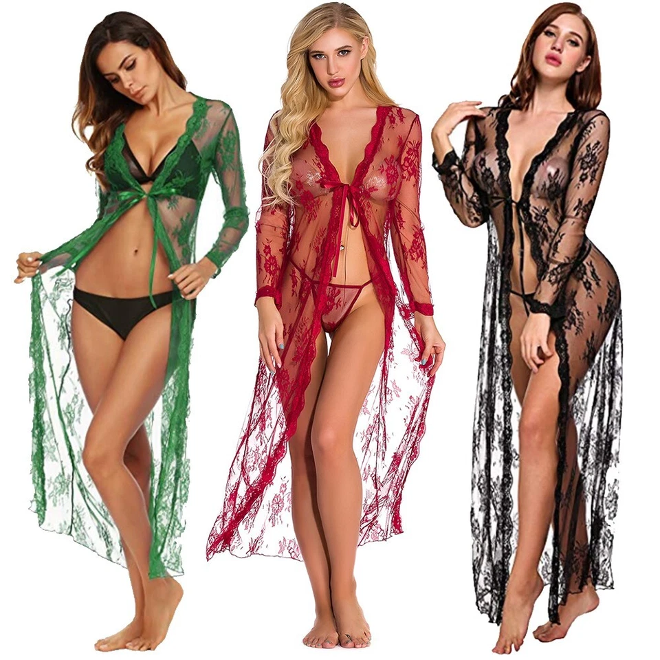 Mujeres Sexy Largo Encaje Kimono Bata Lencería Pestañas Babydoll Transparente Vestido de Encubrimiento Foto 2 de 4