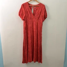 Free People Maxi Dress Womens 10 Medium V-Neck Short Sleeve Orange Red Rayon