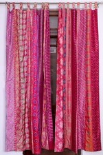 2 Pcs Indian Sari Patchwork Curtain Drape Window Decor Pink Silk Sari Curtain