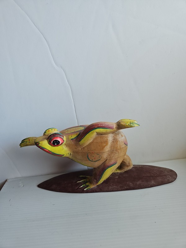 Vintage Colorful Folk Art Sculpture Of A Frog Riding A Surf Board #2