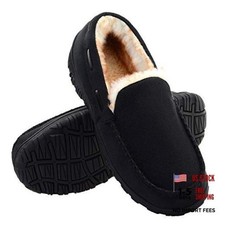 Mens Moccasin Slippers Indoor Outdoor Slip on Warm House Shoes 10 Black