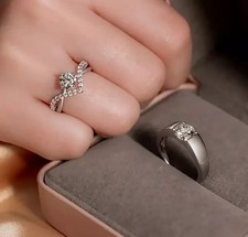 Wedding Couple Band Ring Set 2Ct Round Simulated Diamond 14K White Gold Plated