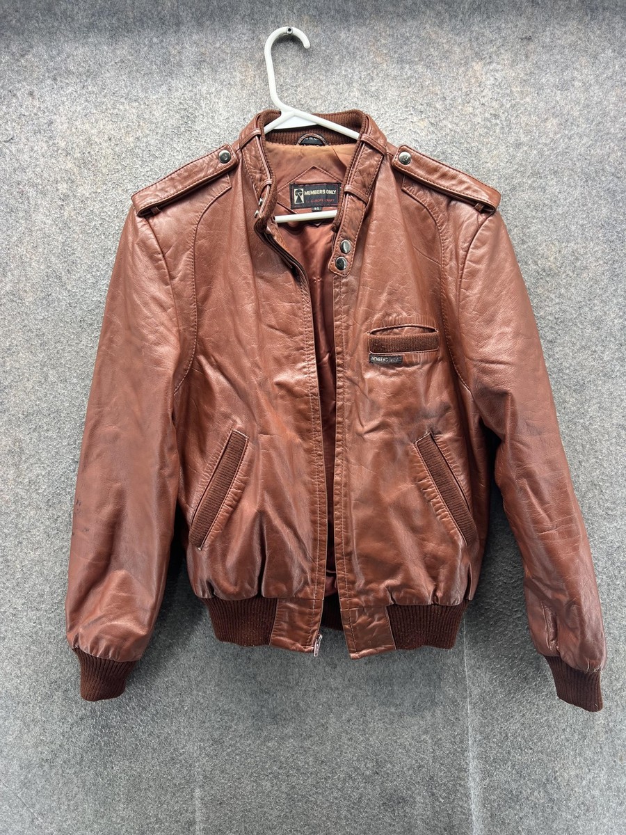 Vintage Members Only Jacket Mens 36 Brown Leather Bomber Epaulet